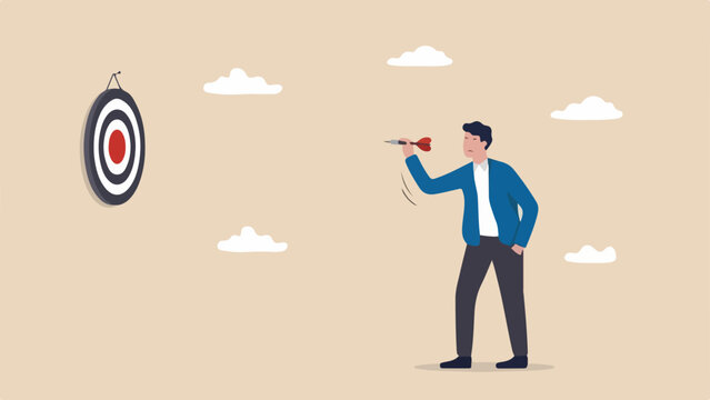 Misunderstanding target audience, wrong marketing strategy concept, businessman throwing a dart that hits the wall far away from the dartboard, clean minimal flat vector illustration