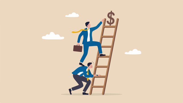 Office politics, backstabbing, unfair competition concept, businessman stepping on his colleague's shoulder to climb a corporate ladder, clean minimal flat vector illustration