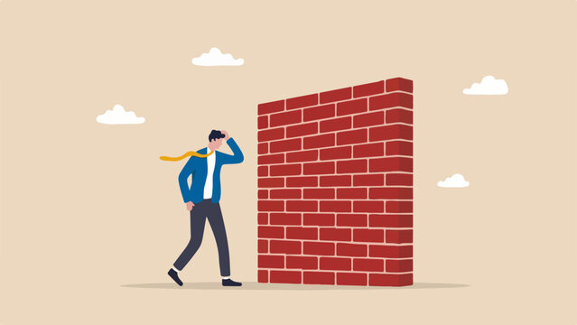 Wrong decision, bad strategy, business mistake concept, businessman choosing a path leading to a brick wall, clean minimal flat vector illustration