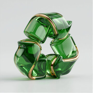 Glossy 3D recycling symbol in emerald green on a minimalist gray backdrop. Cinematic lighting, soft bokeh, and copy space ideal for eco campaigns, green energy marketing, and digital branding.