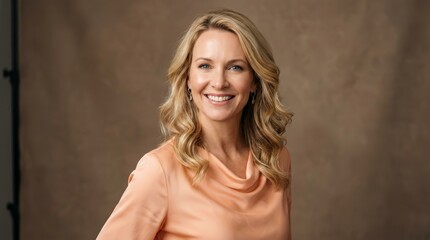 Fototapeta premium Confident blonde woman in her forties with a cheerful expression and happy face.