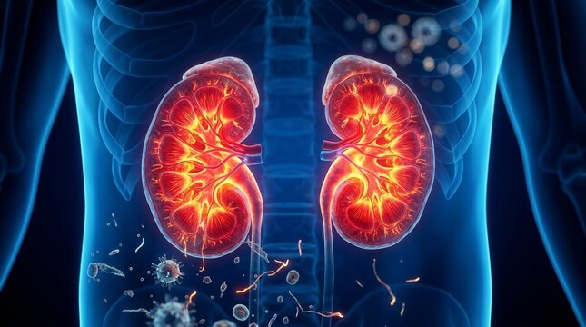 Human kidney anatomy showing glowing internal components within a blue transparent torso outline.