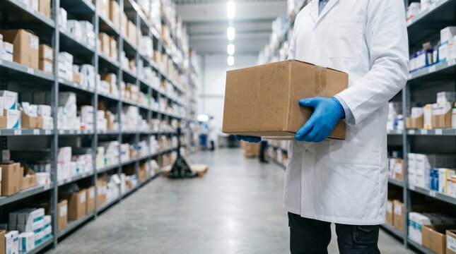 A professional in a white lab coat holds a medical supply package ready for shipping.