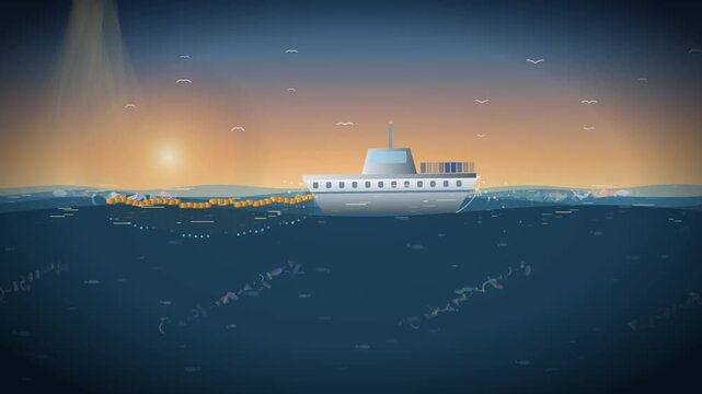 Animated Illustration Of A Sustainable Ocean Cleanup Vessel Collecting Plastic Debris In The Sunset