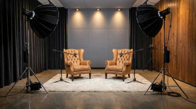 Two leather armchairs on a fluffy carpet in a studio for video recording or podcasting.