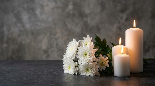 Memorial service background featuring white chrysanthemums and burning candles for mourning and condolence.