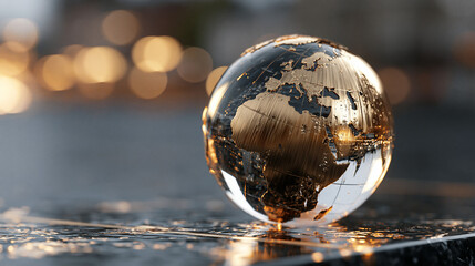 Glass earth globe with gold continents reflecting warm bokeh lights on wet dark surface.