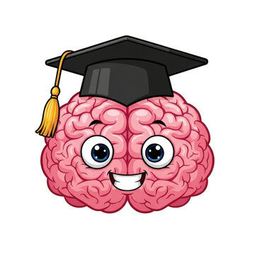 Cute pixel art brain wearing a black graduation cap isolated on transparent background