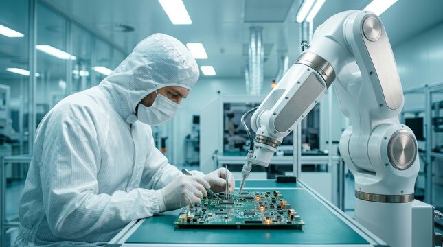 Technician adjusting advanced machinery for precise microchip assembly in a lab.