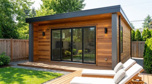 Tiny house or inlaw cottage concept featuring a small house exterior and garden.