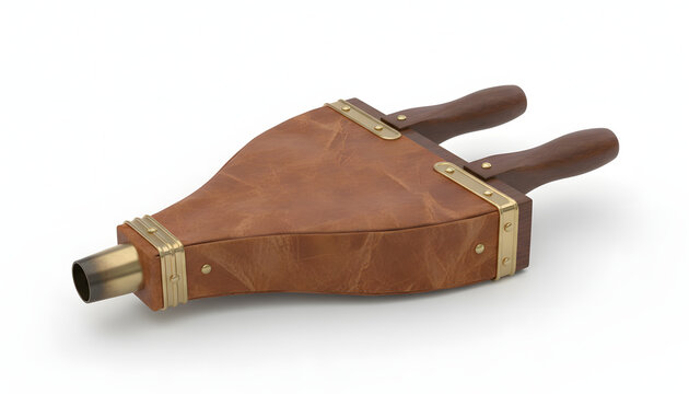 Vintage leather and wood fireplace bellows for stoking fire.