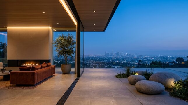 Sleek living room featuring a cozy fireplace and plush sofa overlooking a city skyline.
