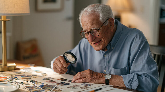 Elderly man with thick glasses sorting stamps at a cluttered dining table, a food delivery bag forgotten by the door, magnifying glass hovering over a rare perforated find, warm