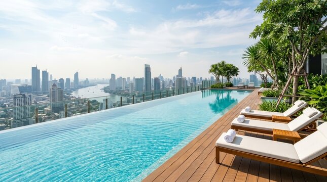 Modern rooftop pool overlooking a city view, perfect for travel and relaxation.