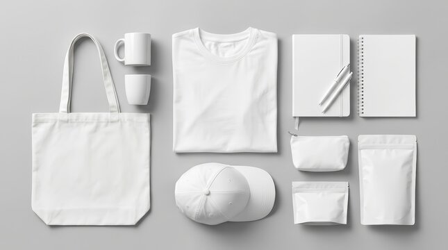 Branding mockup template featuring white t-shirt, cap, tote bag, and stationery items.