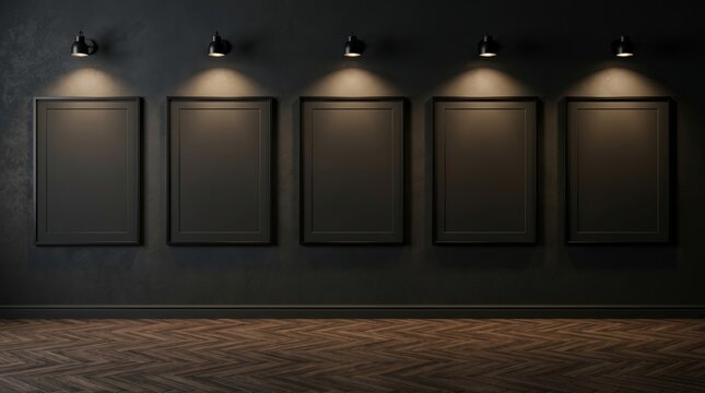 Five blank picture frames illuminated by spotlights in a contemporary art gallery setting.