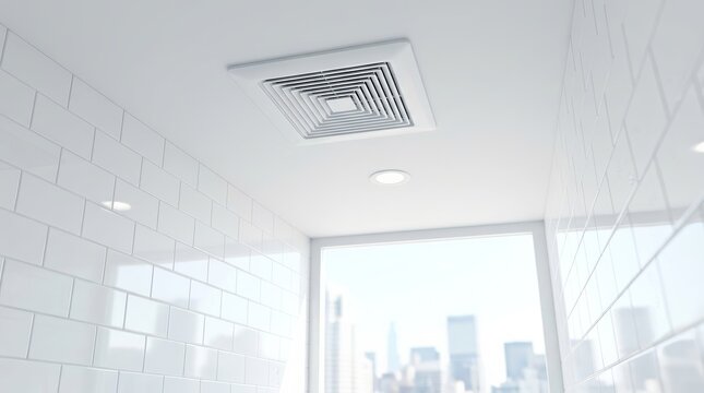 Integrated ventilation fan system on a white tiled ceiling in a modern bathroom.