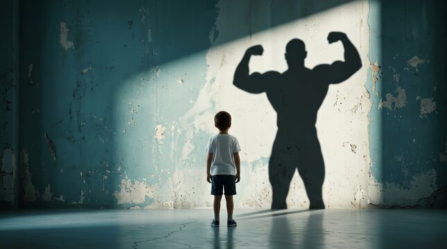 A child imagining being a powerful adult bodybuilder as he sees a muscular shadow.