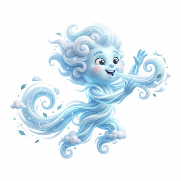 Personnage du vent soufflant avec tourbillons d&rsquo;air en illustration 3D