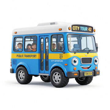 Bus urbain bleu de transport public avec passagers en illustration 3D