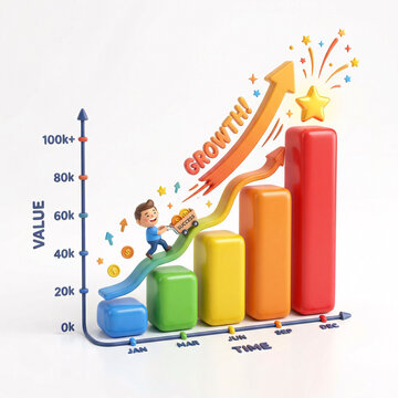Graphique de croissance financi&egrave;re avec barres color&eacute;es et fl&egrave;ches ascendantes