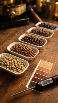 Various types of coffee beans are arranged on a wooden table. Each section shows beans roasted to different levels. A thermometer and color chart sit beside the beans