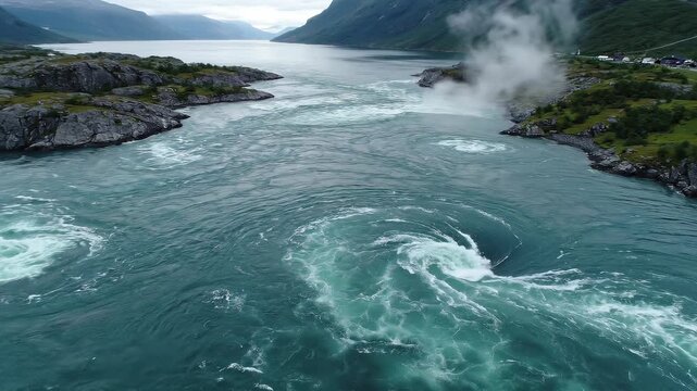 Turbulent ocean whirlpool motion during daylight with rocky coastline providing dramatic natural power visuals
