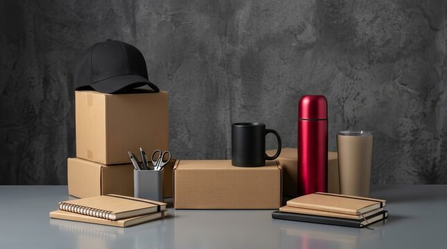 Promotional items like thermos bottles, pens, and caps arranged for corporate gifting.