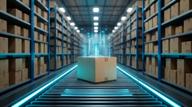 Automated warehouse facility featuring a cardboard box moving along a tech-driven digital conveyor system.