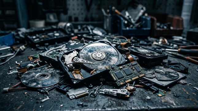 Digital data destruction and cybersecurity breach concept with a pile of damaged hardware.