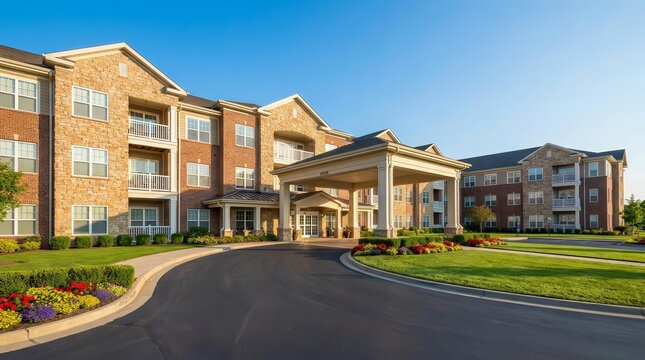 Multi-story senior living residence with community spaces and comfortable apartments.