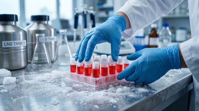 Cryo storage preparation with red liquid samples and dry ice for science research.