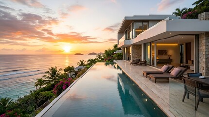 Fototapeta premium Luxury Villa Infinity Pool Overlooking Tropical Ocean Sunset.