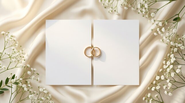 Bridal stationery flat lay featuring white blank cards, gold wedding rings, and delicate flowers.