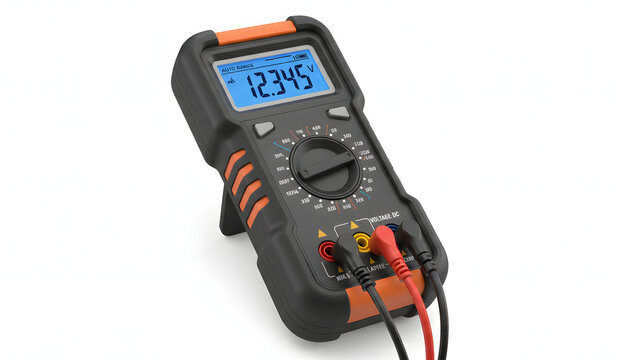 Digital multimeter tool with test leads for electrical measurement.
