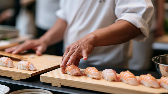 A sushi chef presses a final piece of nigiri onto a bamboo presentation board in a packed fish market hall, passersby jostling for position around the demonstration counter as the