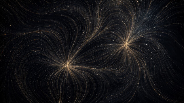 Two bright points of light create swirling patterns of energy in a dark space. The scene highlights the movement of dust and stars against a deep background