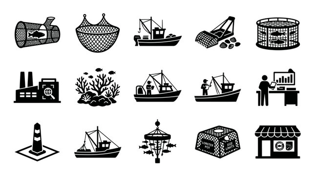 Fishing Industry Icons: Nets, Boats, Lobster Pots, Factory, Store, Aquaculture, Border