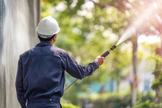 高圧洗浄機で壁を清掃する作業員