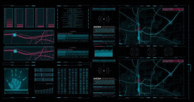 Futuristic digital interface displays city maps with marked locations, a hand scan, data charts and target identification elements.
