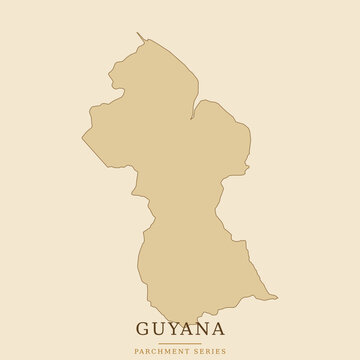 Map of guyana in a vintage parchment style, minimalist outline illustration of the south american country, a beige background