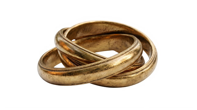 Three vintage gold wedding rings intertwined together closely transparent background