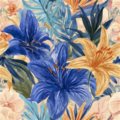 Fototapeta premium Tropical garden pattern with large blue and yellow lilies surrounded by lush leaves creating vibrant and lively floral design