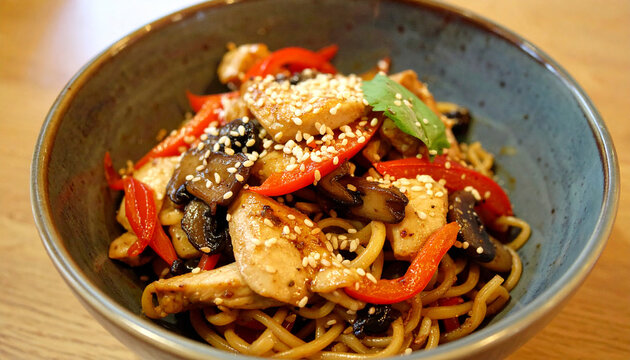 Tasty Asian stir-fry noodles with tender sliced chicken, vibrant red paprika, sauteed mushrooms, glossy soy sauce and toasted sesame seeds, cozy cafe setting.