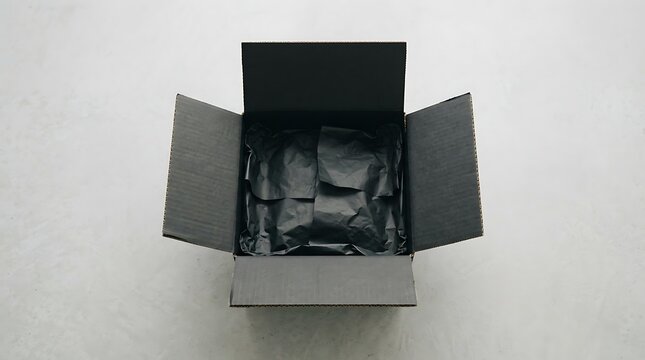 Open Empty Matte Black Cardboard Shipping Box with Protective Black Tissue Paper Wrapping Inside for Luxury Gift Delivery