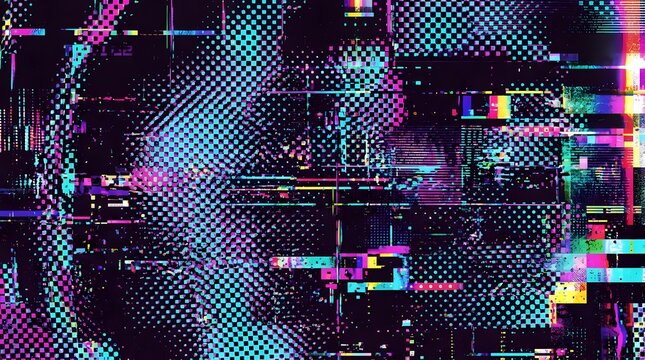 Cyberpunk glitch art texture with distorted halftone grids and noise