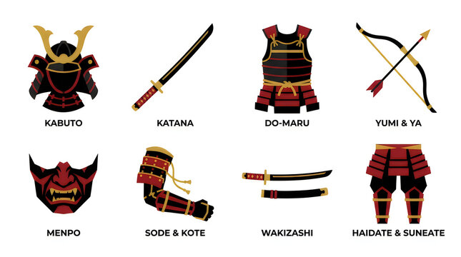 Set of traditional japanese samurai armor parts with weapons vector illustration