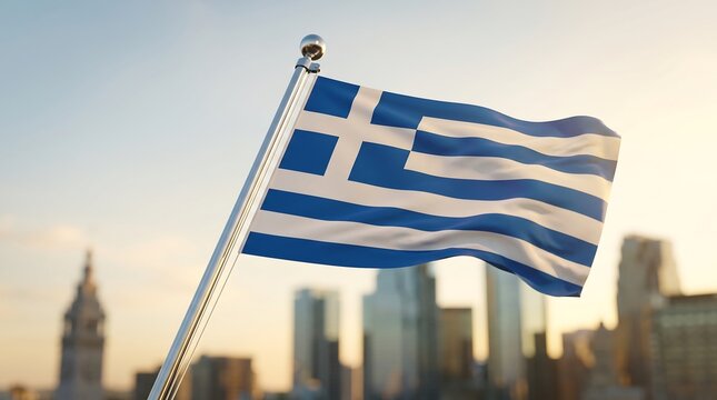 National flag of Greece waving on flagpole with blurred city skyline at sunset golden hour