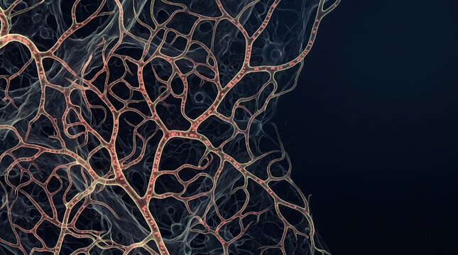 Abstract glowing neural network pattern on dark background.