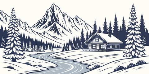 Fototapeta premium Snow-covered mountain chalet with pine trees and winding road in winter landscape